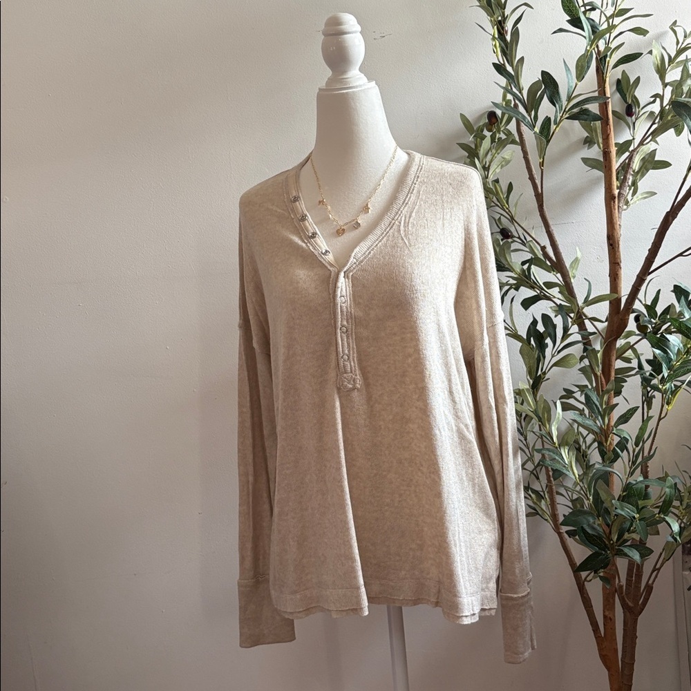 Beige Long Sleeve Henley Top